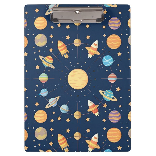 Colourful Space-themed Pattern with Planets Clipboard (Front)
