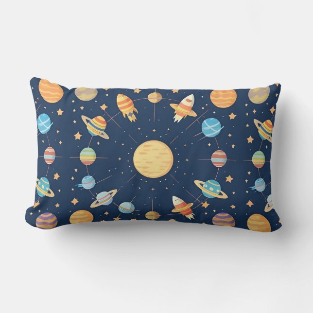 Colourful Space-themed Pattern with Planets Lumbar Cushion (Front)