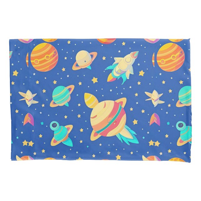 Colourful Space-themed Pattern with Planets Pillowcase (Front)