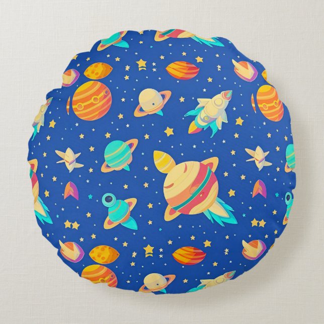Colourful Space-themed Pattern with Planets Round Cushion (Front)