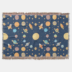 Colourful Space-themed Pattern with Planets Throw Blanket