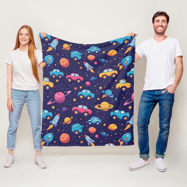 Colourful Space Vehicles For Playroom Style Fleece Blanket (In Situ)