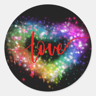 Colourful sparking glitter heart love script classic round sticker