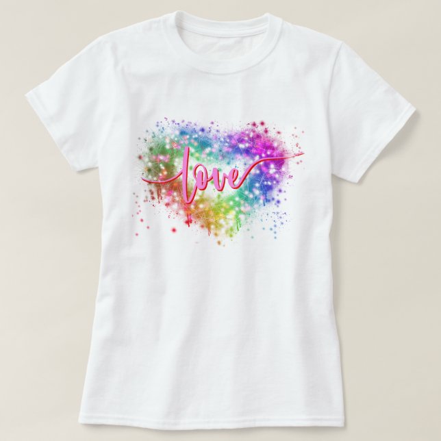 Colourful sparking glitter heart love script T-Shirt (Design Front)