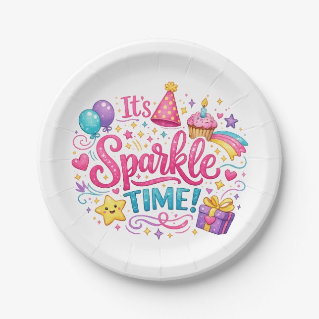 Colourful Sparkle Time Birthday Party Paper Plates (Front)