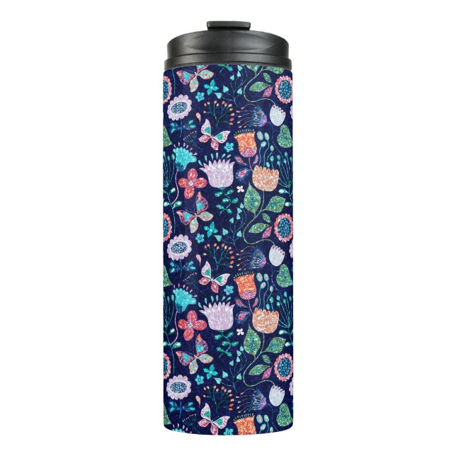 Colourful sparkling flowers and butterflies patter thermal tumbler (Front)