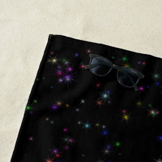 Colourful sparkling stars in night sky black desig beach towel