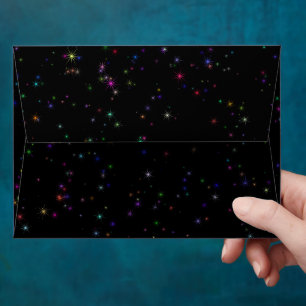 Colourful sparkling stars in night sky black desig envelope