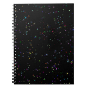 Colourful sparkling stars in night sky black desig notebook