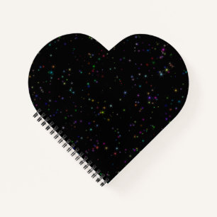 Colourful sparkling stars in night sky black desig notebook