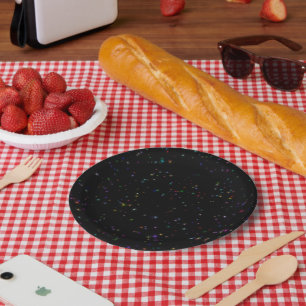 Colourful sparkling stars in night sky black desig paper plate