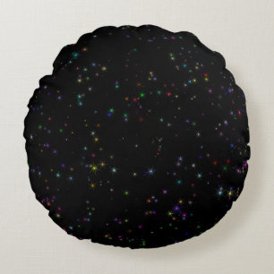 Colourful sparkling stars in night sky black desig round cushion