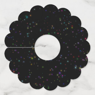 Colourful sparkling stars in night sky black desig wine glass tag