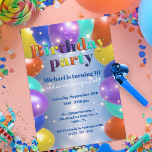 Colourful Sparkly Glossy Balloons Birthday Party Invitation