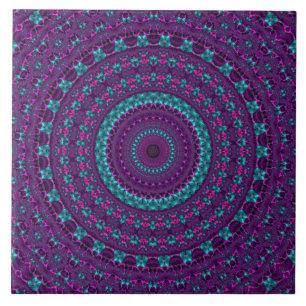 Colourful Sparkly Jewel Tone Mandala Digital Art Ceramic Tile