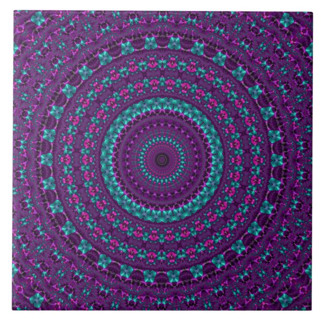 Colourful Sparkly Jewel Tone Mandala Digital Art Ceramic Tile (Front)