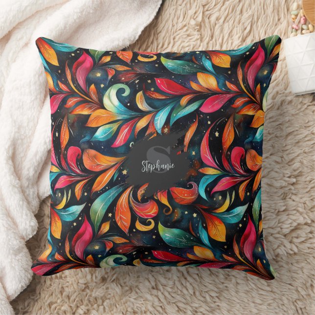 Colourful Sparkly Leaves Pattern - Black Backgroun Cushion (Blanket)