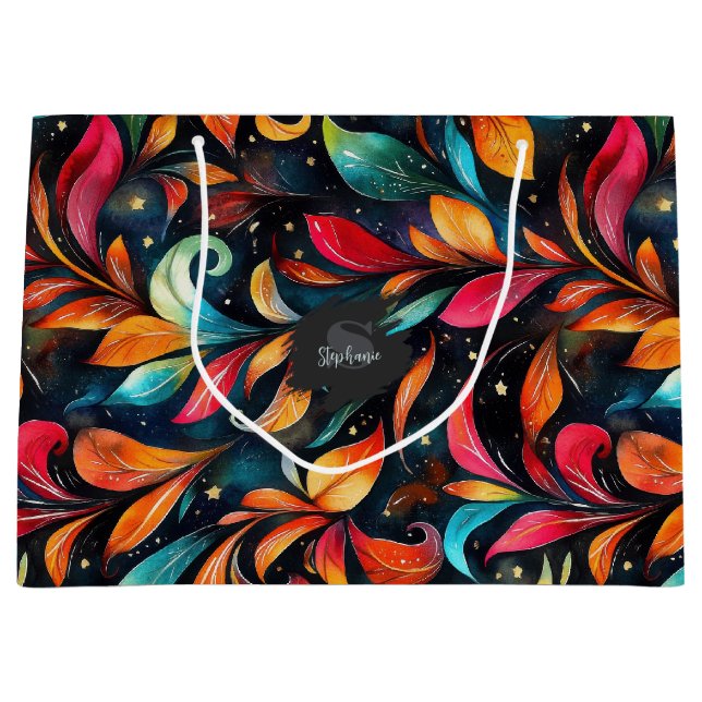 Colourful Sparkly Leaves Pattern - Black Backgroun Large Gift Bag (Front)
