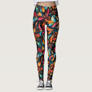 Colourful Sparkly Leaves Pattern - Black Backgroun Leggings