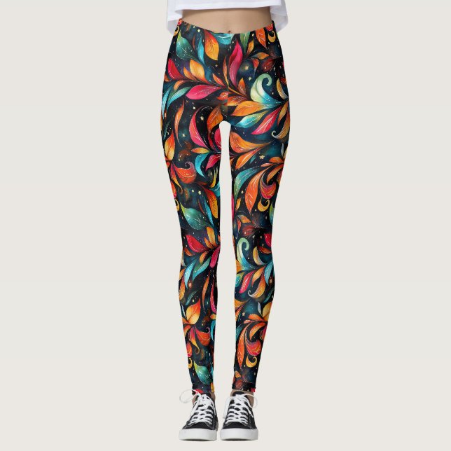 Colourful Sparkly Leaves Pattern - Black Backgroun Leggings (Front)