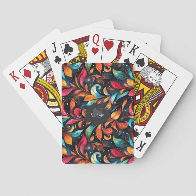Colourful Sparkly Leaves Pattern - Black Backgroun Playing Cards (Back)