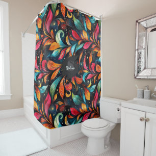 Colourful Sparkly Leaves Pattern - Black Backgroun Shower Curtain