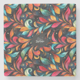 Colourful Sparkly Leaves Pattern - Black Backgroun Stone Coaster