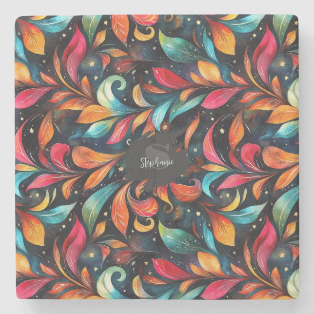 Colourful Sparkly Leaves Pattern - Black Backgroun Stone Coaster (Front)