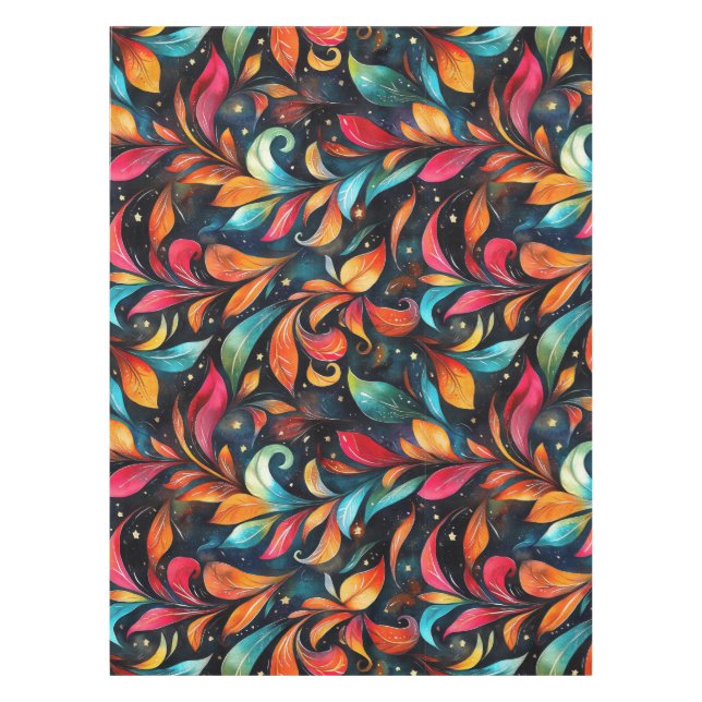 Colourful Sparkly Leaves Pattern - Black Backgroun Tablecloth (Front)