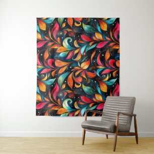 Colourful Sparkly Leaves Pattern - Black Backgroun Tapestry