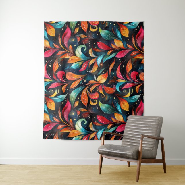 Colourful Sparkly Leaves Pattern - Black Backgroun Tapestry (In Situ)