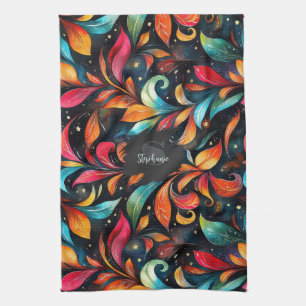Colourful Sparkly Leaves Pattern - Black Backgroun Tea Towel