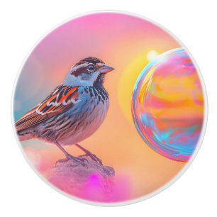 Colourful Sparrow and Rainbow Bubble Ceramic Knob