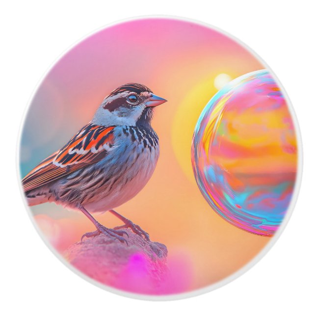Colourful Sparrow and Rainbow Bubble  Ceramic Knob (Front)