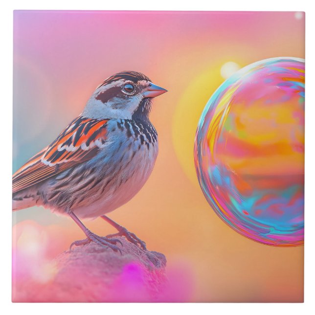 Colourful Sparrow and Rainbow Bubble  Ceramic Tile (Front)