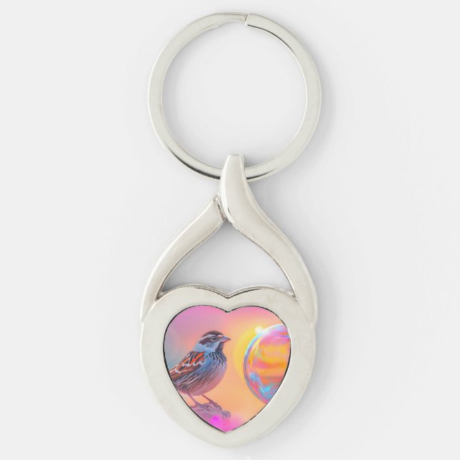 Colourful Sparrow and Rainbow Bubble  Key Ring (Front)
