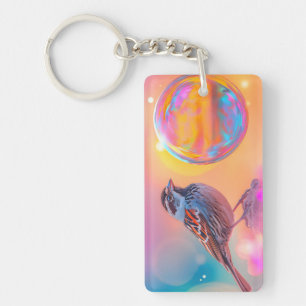 Colourful Sparrow and Rainbow Bubble Key Ring