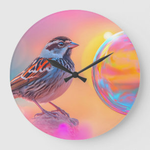 Colourful Sparrow and Rainbow Bubble Large Clock