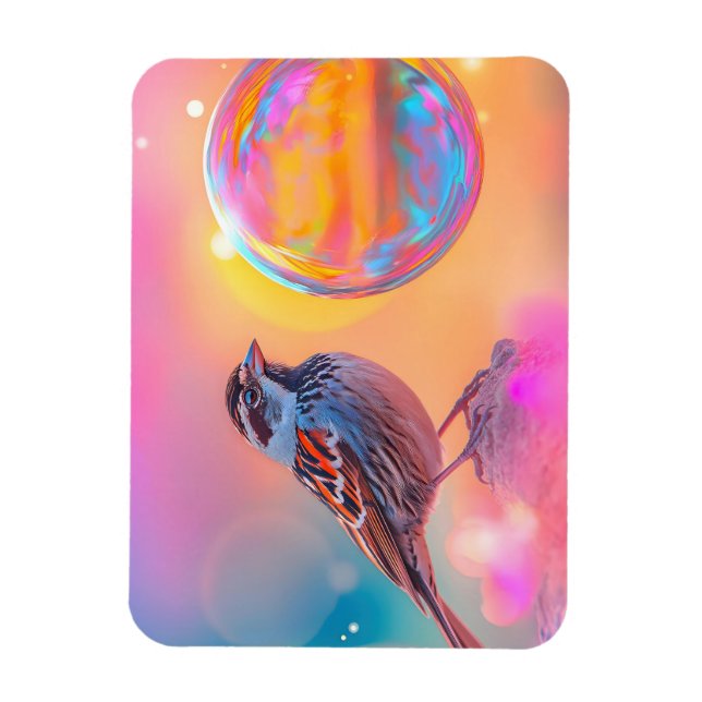Colourful Sparrow and Rainbow Bubble  Magnet (Vertical)