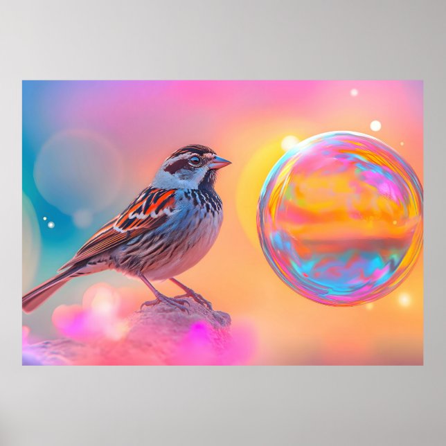 Colourful Sparrow and Rainbow Bubble  Poster (Front)