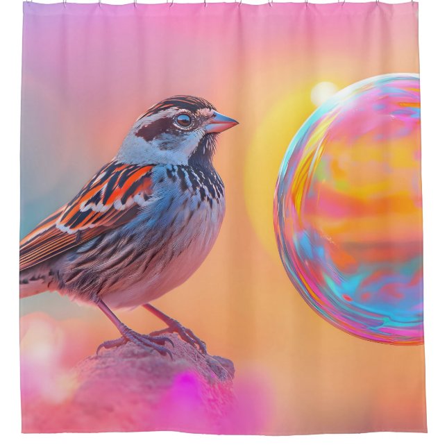 Colourful Sparrow and Rainbow Bubble  Shower Curtain (Front)