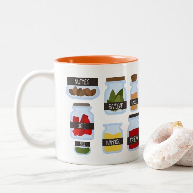 Colourful spice jars cooking style Two-Tone coffee mug (With Donut)