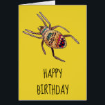 Colourful Spider birthday arachnid art<br><div class="desc">Colourful and bright, this is a hand drawn illustration of a doodle designed spider birthday card by artist Sacha Grossel. This bright and hip arachnid is arty and tribal and kind of cute. It is on a mustard yellow background. The background and birthday greeting inside can be customised to your...</div>