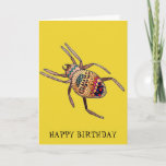 Colourful Spider birthday arachnid art Card<br><div class="desc">Colourful and bright, this is a hand drawn illustration of a doodle designed spider birthday card by artist Sacha Grossel. This bright and hip arachnid is arty and tribal and kind of cute. It is on a mustard yellow background. The background and birthday greeting inside can be customised to your...</div>