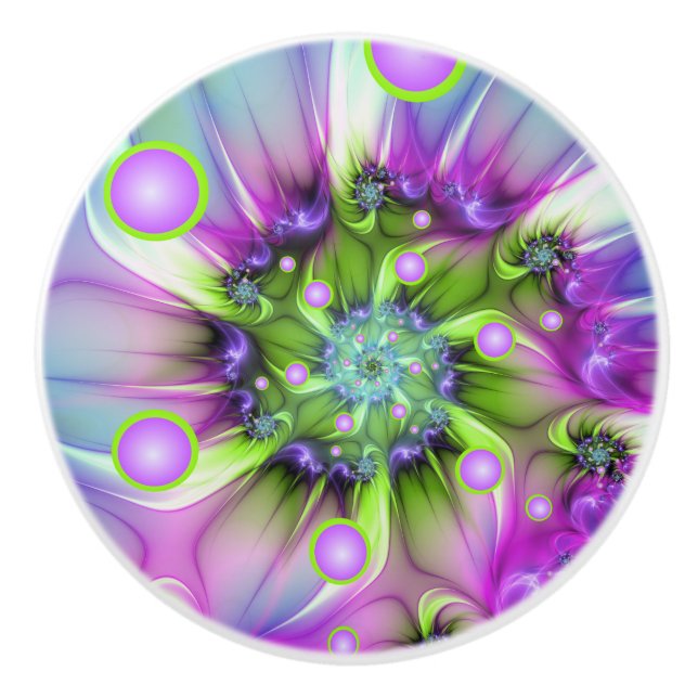 Colourful Spiral Round Shapes Abstract Fractal Art Ceramic Knob (Front)