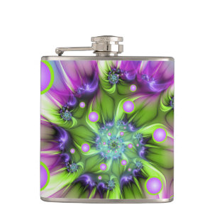 Colourful Spiral Round Shapes Abstract Fractal Art Hip Flask
