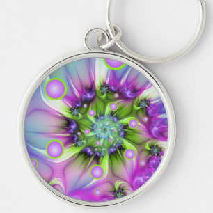 Colourful Spiral Round Shapes Abstract Fractal Art Key Ring