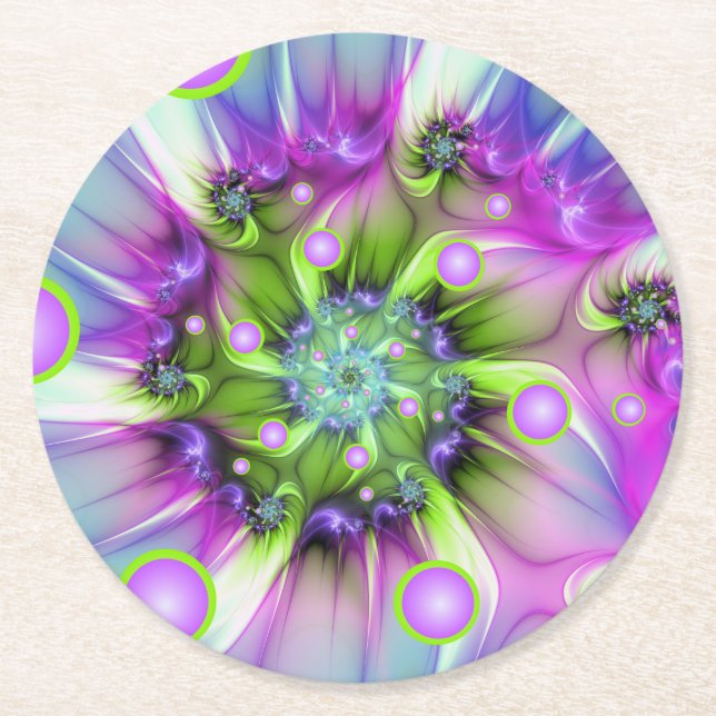 Colourful Spiral Round Shapes Abstract Fractal Art Round Paper Coaster (Front)