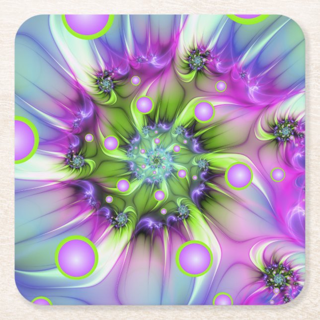 Colourful Spiral Round Shapes Abstract Fractal Art Square Paper Coaster (Front)