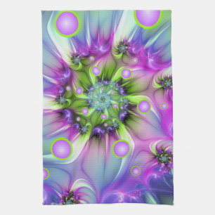 Colourful Spiral Round Shapes Abstract Fractal Art Tea Towel